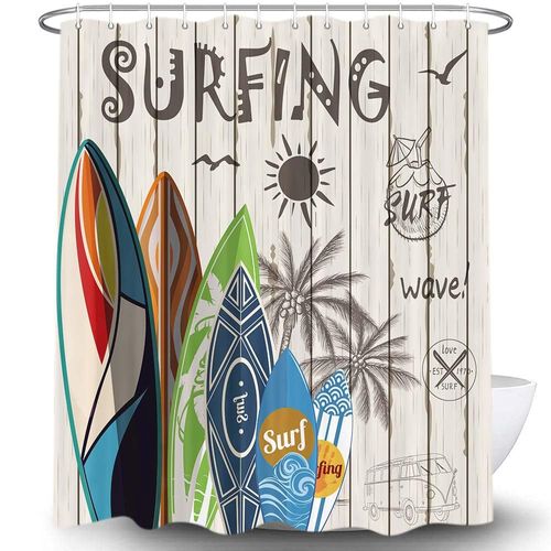 Rustic Beach Shower Curtains, Tropical Surfboard Palm Tree on Beige Wooden Plank Summer Surfing Shower Curtain for Bathroom Decor Polyester Fabric Bathtub Curtain with Hooks Waterproof 69x70inches