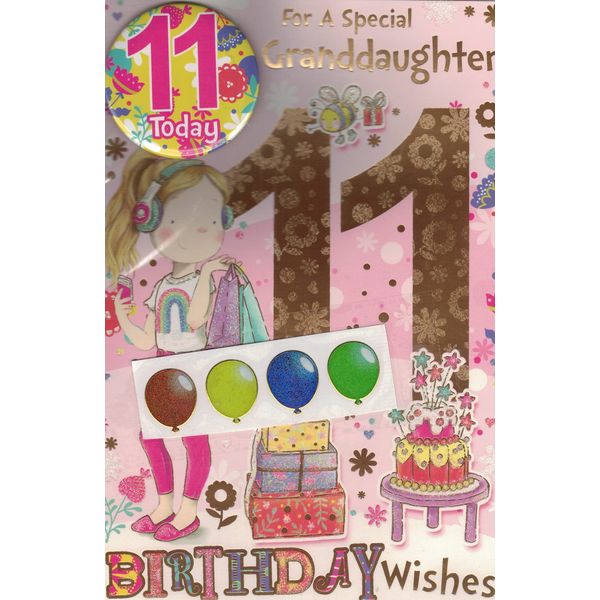 "Express Yourself" Birthday Card for Granddaughter Age 11 - Envelope and Badge Included - Animated Design with Girl Listening to Music Design