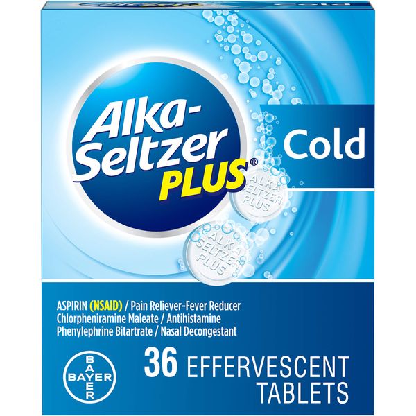 Alka-Seltzer Plus Cold Medicine, Sparkling Original Effervescent Tablets for Adults with Pain Reliever/Fever Reducer, Sparkling Original, 36 Count