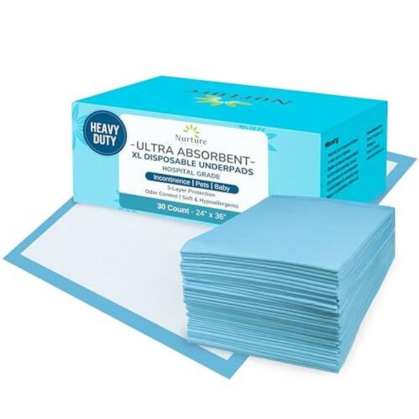 30 Heavy Duty 24 x 36 Ultra Absorbent Bed Pads by Nurture | Waterproof Dispos...