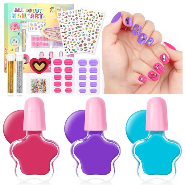 Saviland 28 PCS Kids Nail Polish Kit: Non-Toxic 3 Colours Nail Polish Set for Girls Peel-off Water-Based Natural Safe Nail Varnishes with Press on Nails Glitter Powder Nail Sequins Girls Gifts