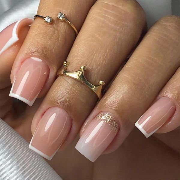 24pcs Short Square False Nails French Tip Stick on Nails White Edge Glitter Gold Press on Nails Removable Glue-on Nails Full Cover Acrylic Fake Nails Set Women Brides Nail Art Accessories