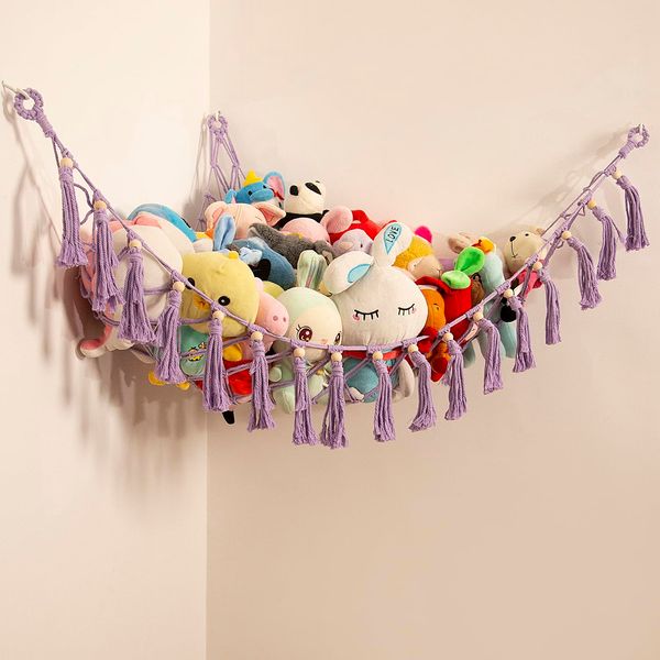 Stuffed Animal Hammock Teddy Hammock Net Plush Holder Soft Toy Storage Organizer Boho Macrame Toy Holder-Purple