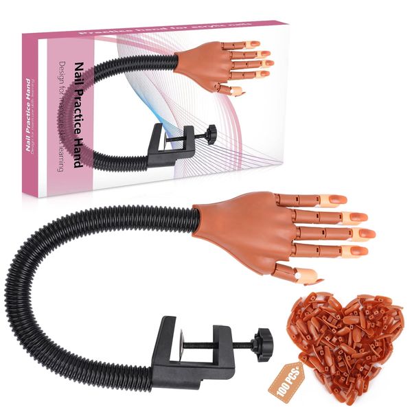 Practice Hand for Acrylic Nails, Professional Nail Practice Hand Nail Training Hand, Flexible Moveable False Fake Mannequin Hand for Nails Art Practice Display with 100Pcs Brown Fake Nail Tips