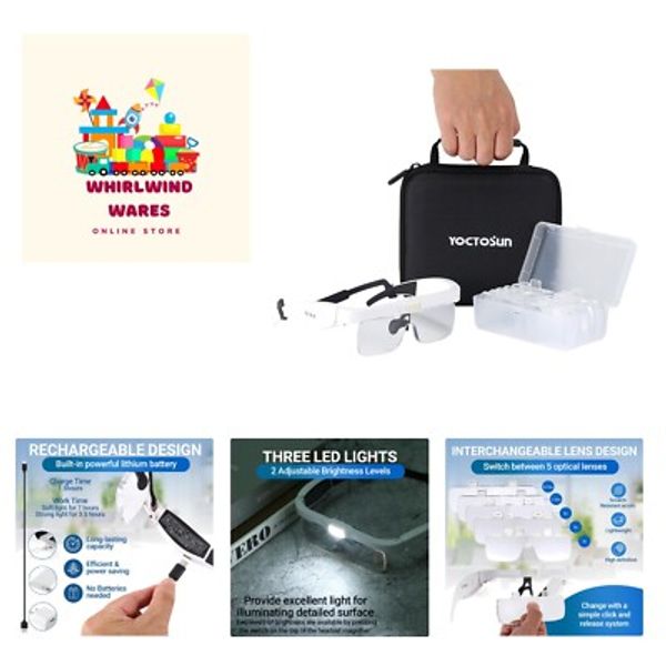 Headband Magnifier with 3 LED Lights, Storage Case, Head Strap and 5 Detachab...