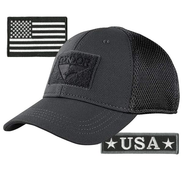 Condor MESH Fitted Cap Bundle (USA Front & Back Patches) - Black - Small/Med