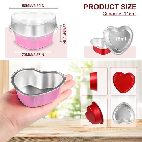 Cunhill 30 Sets Heart Shaped Cake Pans with Lids, 3. 4 Ounces/ 100 ml, Aluminum Foil Mini Disposable Heart Cupcake Pans for Wedding Parties Gift (Red,Pink)
