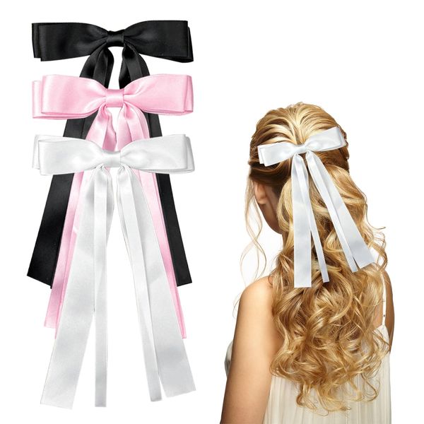 3 Pack Hair Ribbons for Women, Bow Hair Clips Black Bow for Hair Bow Claw Clips(Black, White, Pink)