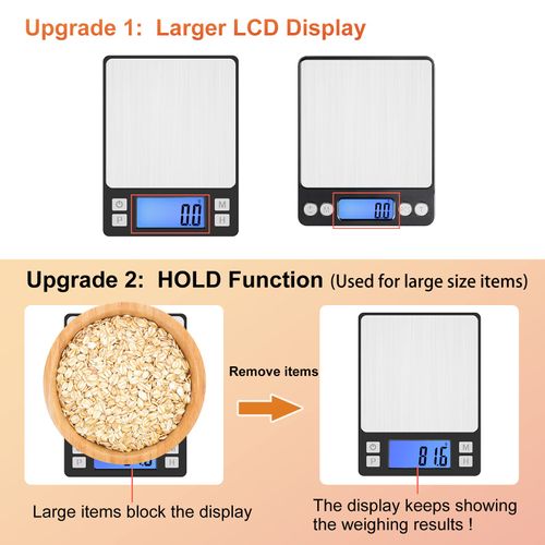 BOMATA Upgraded Small Food Scale with New Hold Function and Larger Display, 3000g/0.1g High Precision, USB Rechargeable, Digital Scale Grams and oz for Kitchen, Small Item, Jewelry. Black…