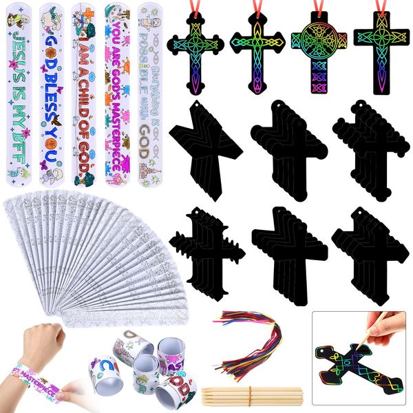 Frienda 100 Pcs Religious DIY Crafts Kits, Bible Verse Slap Bracelet Cross Scratch Ornaments Jesus Blank Slap Bands Rainbow Craft Bookmark for Kid Christian Gift Sunday School Classroom Decor Supplies