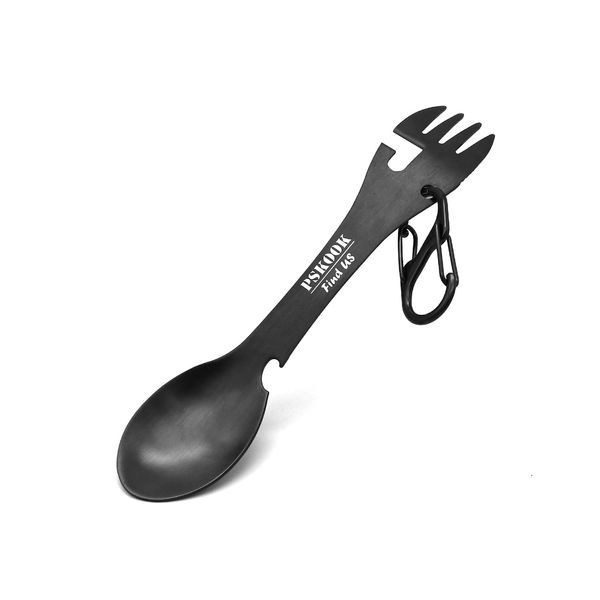 PSKOOK 5-in-1 Utility Tactical Spork, Stainless Steel Spoon & Bottle Opener, Fork & Knife, Can Opener Combo Camping Utensil for Hiking, Camping or Backpacking (Black)