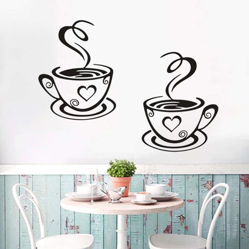Kitchen Decor Wall Art Stickers, CUNYA Cafe Tea Wall Decals Coffee Time Cups Art Murals Vinyl for Kitchen Cupboards Restaurant Pub Wall Decor