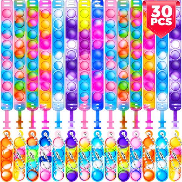 30 Pcs Fidget Toys Pack Party Bag Fillers, 15 x Pop Bracelet It & 15 x Poppet Keyring, Pinata Christmas Eve Box Stocking Fillers Kids Hen Party Favours Xmas Gifts Sensory Toys for Girls Boys