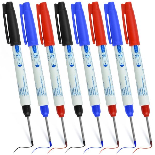 SNAGAROG 8 Pcs Deep Hole Marker Pens 30mm Extra Long Nib Marker Permanent Carpenter's Marker Drill Hole Marker Long Head Deep Hole Marker Marking Tool for Marking Hard to Reach Places(Black Blue Red)