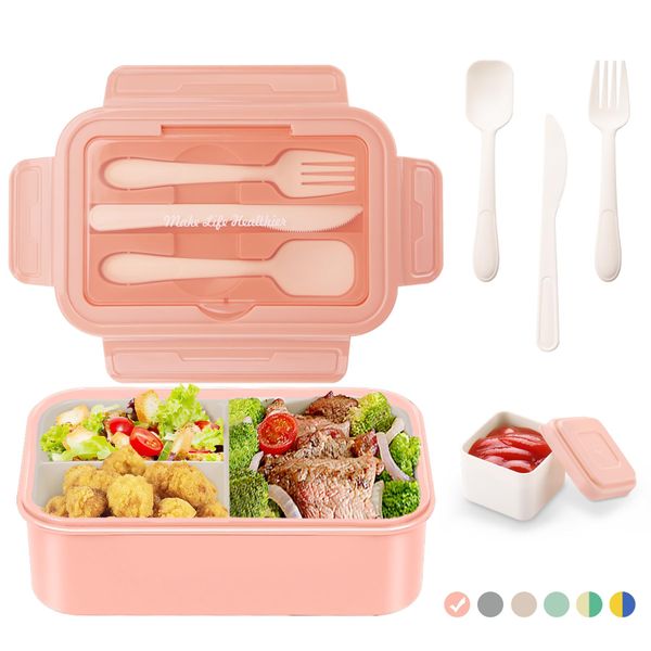 LUZOON Lunchbox, Bento Box Brotdose Erwachsene 1400ml mit 3 FäChern für Kinder inkl. Besteck, Jausenbox für Mikrowellen Und SpüLmaschinen, Schule, Arbeit, Picknick, Reisen, BPA Frei (Rosa+Saucenbox)