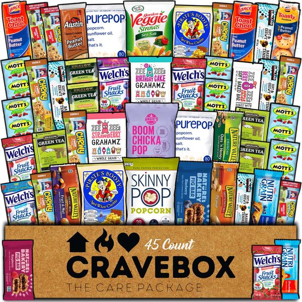 CRAVEBOX Healthy Snack Box Variety Pack Care Package (45 Count) Gift Basket Kids Teens Men Women Adults Health Food Nuts Fruit Nutrition Assortment Mix Sample College Students Office Back to School