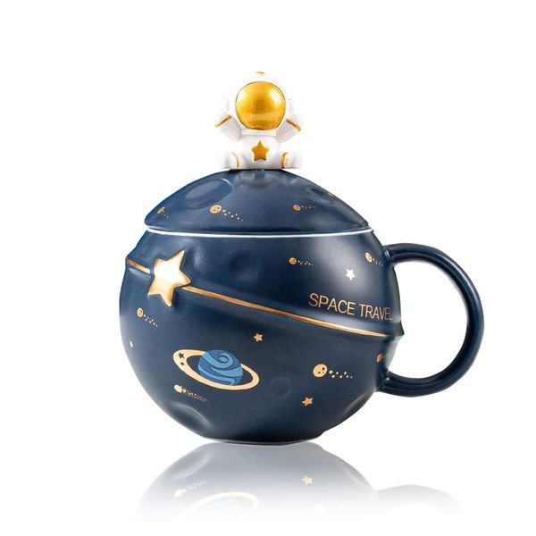 Kawaii Astronaut Cup Space Relief Planet Cup,Cute Ceramic Coffee Cup,Rare Cup Lid and Spoon Coffee,Tea,Milk,Aesthetic Room Decor Fun Gift Birthday Girl Boy Women (Navy Blue)