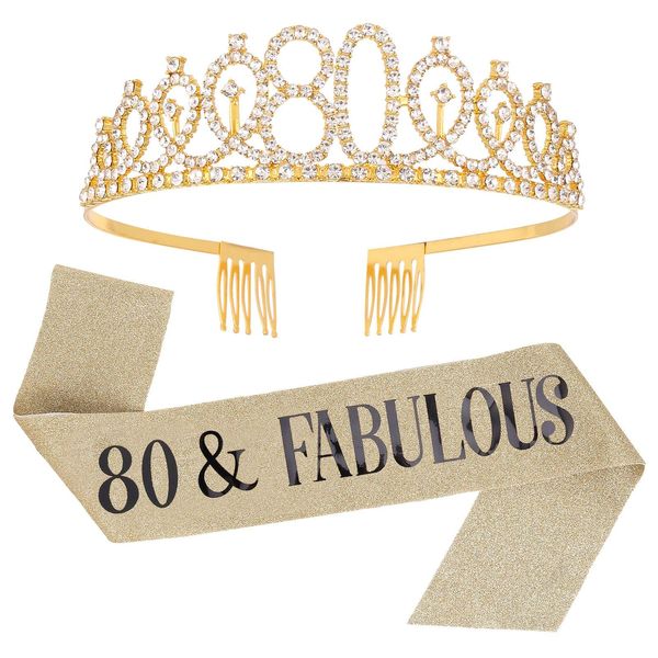 SUSSURRO "80 and Fabulous Sash and Rhinestone Tiara Set,80th Birthday Gifts Birthday Sash for Women Birthday Party Supplies( Gold)