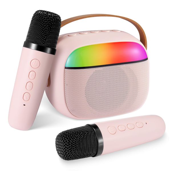 Kids Karaoke Machine,Portable Bluetooth Speaker with 2 Wireless Microphones, Gifts Toys for Girls 4, 5, 6, 7, 8, 9, 10 +Year Old Birthday Family Home Party(Pink)