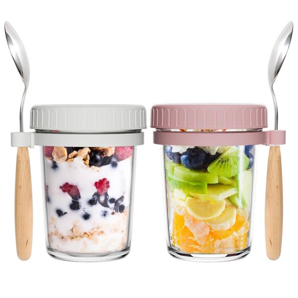 2 Pack Overnight Oats Jars with Lids and Spoon, 350ml Airtight Breakfast Jars with Measurement Marks, 12oz Oats Container for Salads Cereal Milk Porridge Fruit Chia Seed Pudding Yogurt White& Pink