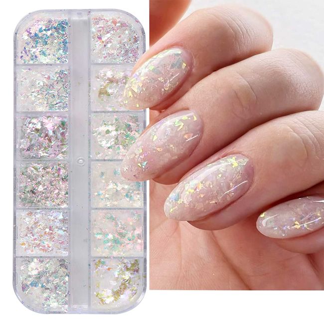 Holographic Nail Art Glitter Iridescent Flakes Nail Foil 12 Grids Mermaid Bright Colorful Star Gradient Ice Slag Nail Sequins Paillettes Summer Nail Decoration