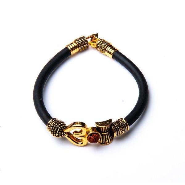 Rudraksha Shiv Om Trishul Damroo Kada, Lord Shiva Bahubali Cuff Bracelet | Religious Brass Kada | Free size Bracelet For Maha Shivratri (Silicone Om)