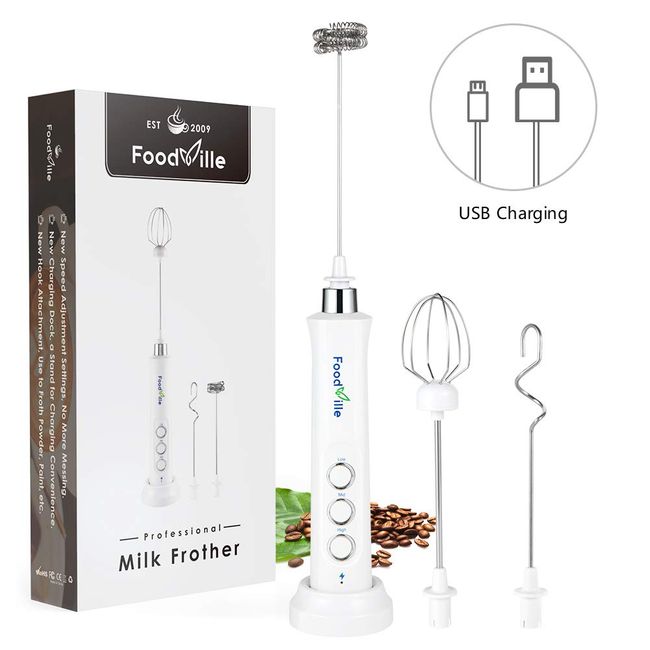 FoodVille MF09 Rechargeable Milk Frother Handheld Foam Maker with 3  Stainless