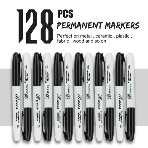 Buecs Permanent Markers, 128 Count Black Permanent Markers, Fine Point, Waterproof & Smear Proof Markers, Quick Drying, Office Supplies for School, Office, Home