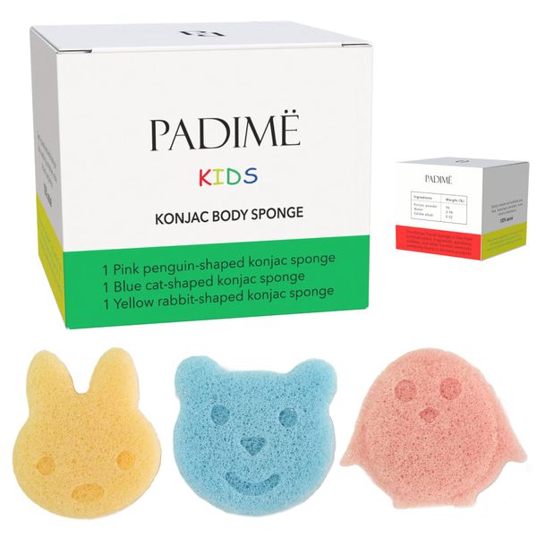 Padime 3pcs | Konjac Baby Sponges for Bathing | Natural Baby Loofah | Esponja para bañar Bebes | Kids Bath Sponge Animals Shapes | 100% Natural Loofah for Kids Sponge - Baby Bath Sponges
