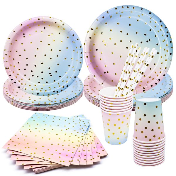 80 Pcs Rainbow Colors Party Tableware, Pastel Party Paper Tableware Set, Including Dinner Plate, Cup, Dessert Plate, Napkin, Paper Straw, for Baby Shower, Engagement Wedding, Birthday Party