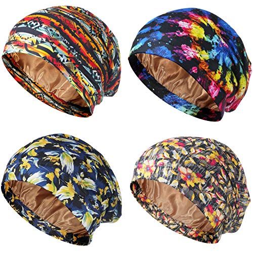 4 Pieces Satin Lined Sleep Cap Double Layer Silk Sleeping Bonnet Slouchy Beanie Slap Hat for Women Curly Hair (Orange, Blue Leaves, Orange Grid, Black Spiral)