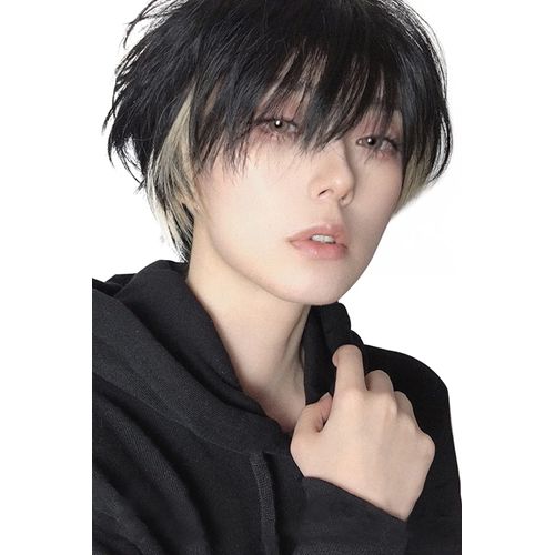 FESHFEN Men's Wig,Hairpiece, Short, Inner Color, Full Wig, Men's, Harajuku, Cool, Handsome, Natural, Small Face, Heat Resistant, Popular, Fashion, Image Change, Unisex, Short Hair, Beautiful Man, Net and Comb Included, Black, black brown & gold