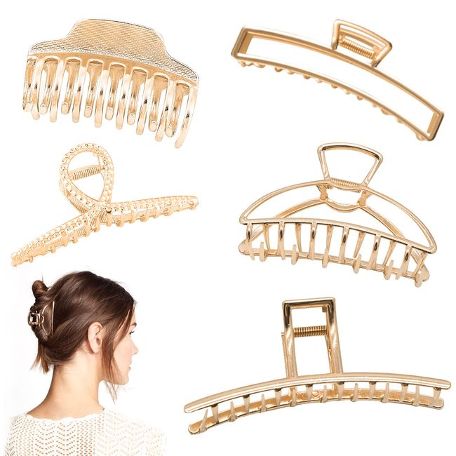 5 Stück Gold Metall Frauen Haarklammer, Große Haarklammer Krallen Clips Klaue Rutschfeste Hair Clips, Haarspangen für Damen Mädchen dickes Haar Dünnes Haar