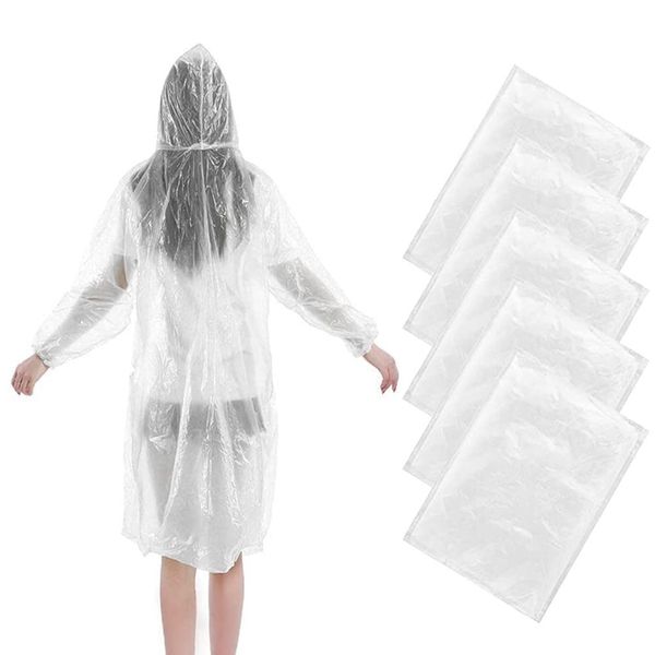 KOMUNJ 5 Pack Disposable Rain Ponchos, Emergency Raincoats Waterproof Ponchos Transparent Lightweight Rain Coats with Drawstring Hood- Adult Size