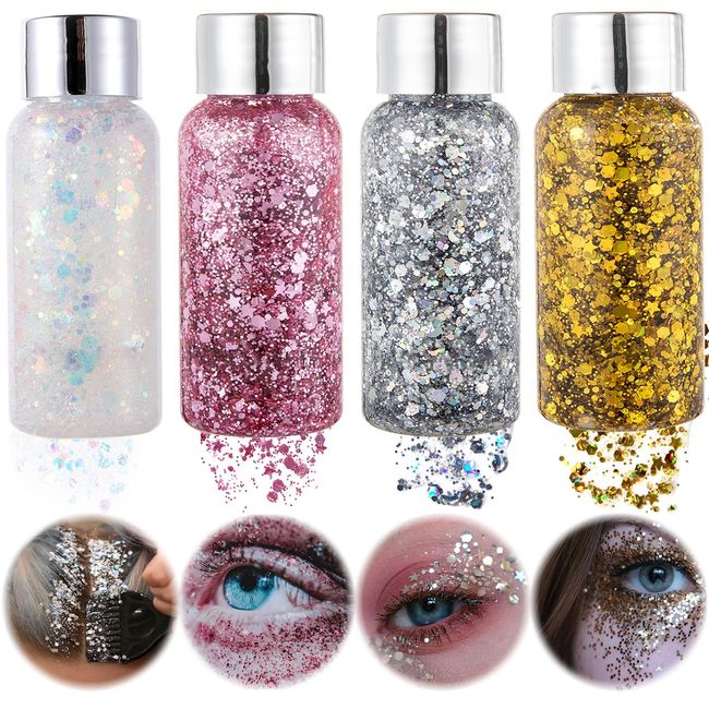 Body Glitter Gel, 4 Bottle Face Glitters Body Gel Sequins Shimmer Liquid Eyeshadow, Mermaid Sequins Chunky Glitter Liquid Gel kit for Festival Masquerade Birthday Makeup#White+Gold+Silver+pink