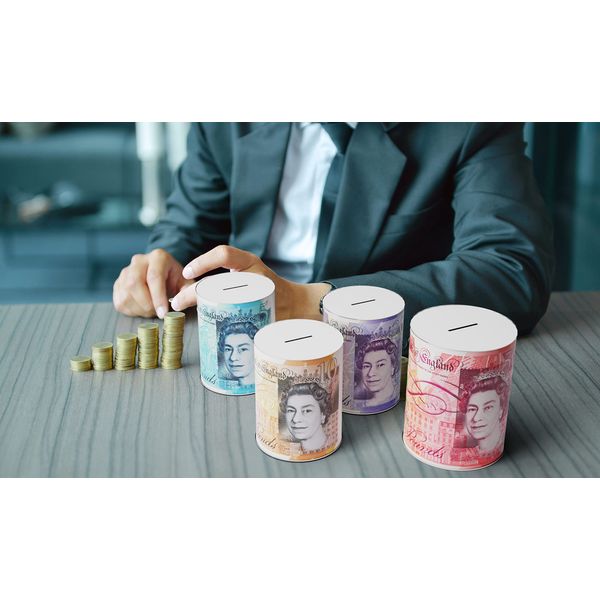 oth ® Sterling Money Tin, Piggy Bank Savings Money Tin, Money Box, Multi-colour, 15 x 10 x 10 cm Single Unit.