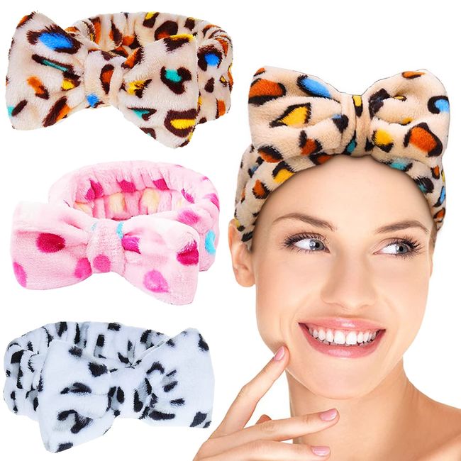 Makeup Haarband 3 Stücke Damen Bowknot Stirnbänder Leopard Striped Elastic Haarbänder Plüsch Make-up Gesicht Waschen Dusche Stirnband für Duschen und Gesicht Waschen (Mehrfarbig)