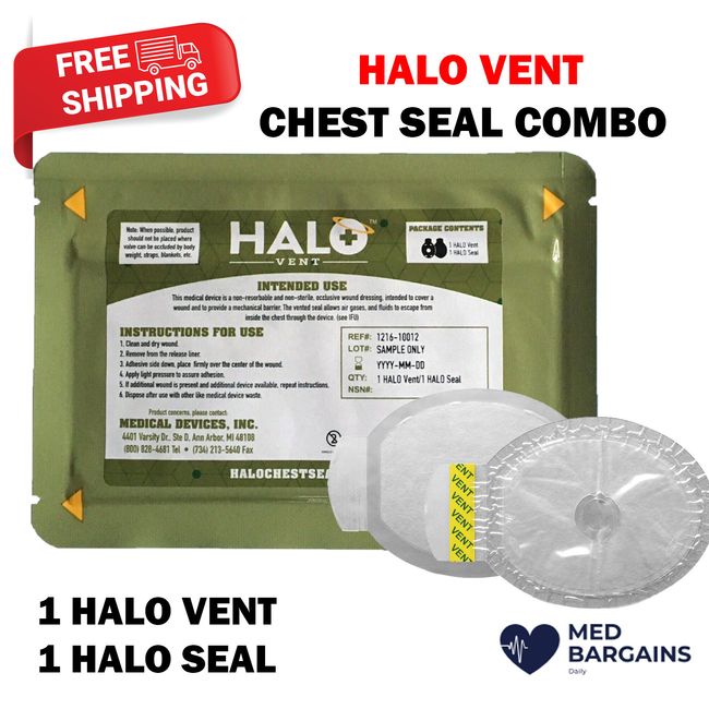 Halo Vent Occlusive Chest Seal Combo Pack IFAK Package 7” x 5”