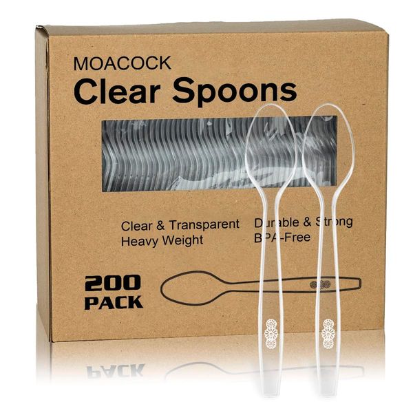 200 Count Clear Plastic Spoons, Heavy Weight Disposable Spoons Cutlery Plastic Utensils, Clear Plastic Silverware Bulk