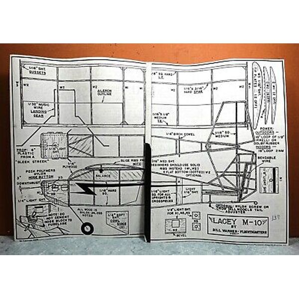 LACEY M-10 BALSA FREE FLIGHT MODEL AIRPLANE PLANS 13" WINGSPAN