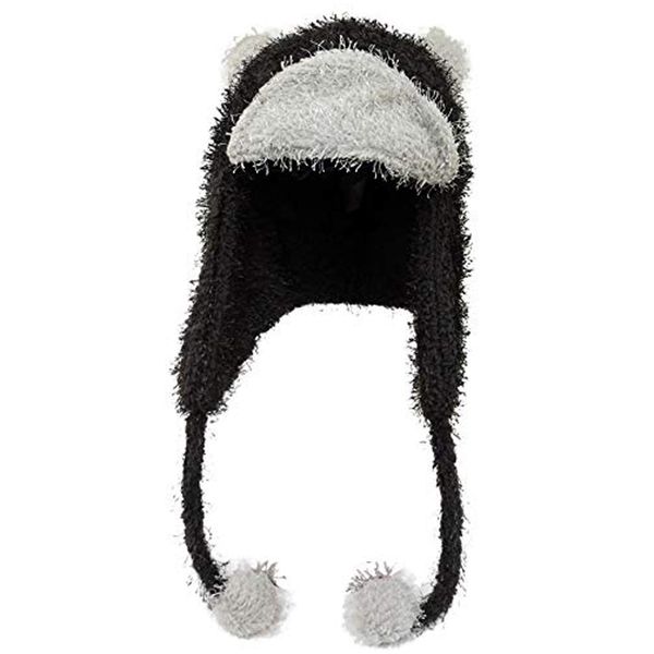 Fleece Teddy Bear Ear Trapper Winter Hat w/Pom Tassels Black/White