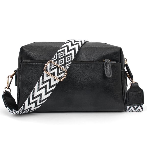 Tibimon Crossbody Bag Damen Breiter Gurt, Leder Moderne Taschen mit Breitem Schultergurt handtasche damen Kleine Umhängetasche mit Reißverschluss und Abnehmbar Schultergurt (Schwarz)