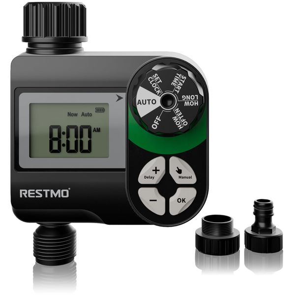RESTMO Automatic Sprinkler Timer 1 Outlet Sprinkler Timer with Plastic Water Inlet Connector Adapter