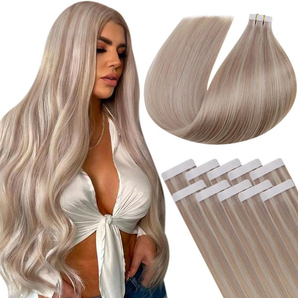 LaaVoo Invisible Tape in Extensions Echthaar Blond Highlight Echthaar Extensions Tape Ashblond 55cm Hellblond Haarverlängerung Echthaar Tape Glatt 10pcs 25g #P18/613