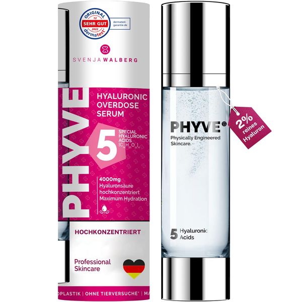 Hyaluronic acid serum PHYVE 6.7 fl oz I VEGAN hyaluronic acid serum for face I MADE in GERMANY I highly dosed with 2% pure hyaluronic acid I anti-aging HYALURONIC OVERDOSE BOOSTER by Svenja Walberg