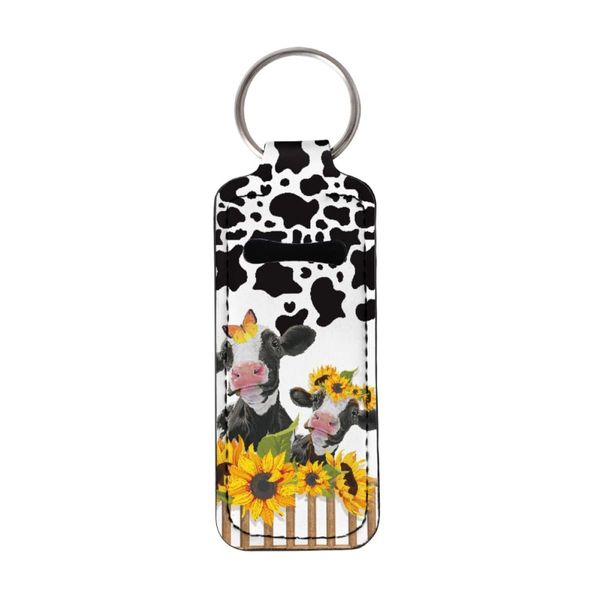 ENLACHIC Cute Print Chapstick Keychain Holder Lip Balm Holder Sleeve Pouch Lipstick Holder Keychains for Women Girls,Cow Sunflower