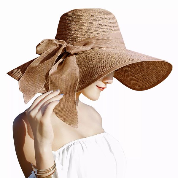 Lanzom Womens 5.5 Inches Big Bowknot Straw Hat Large Floppy Foldable Roll up Beach Cap Sun Hat UPF 50+One size(Khaki)