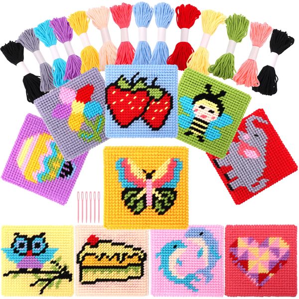 Pllieay 10-in-1 Cross Stitch Beginner Kit for Kids, Includes Instruction of 10 Different Patterns, 10 Blank Plastic Canvas for Needlework, and 14 Colored Threads, Needlepoint Starter Sewing Set