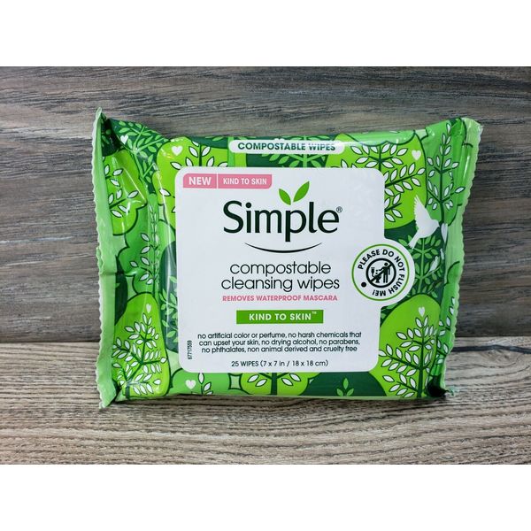 Simple Compostable Cleansing Wipes Kind To Skin Removes Waterproof Mascara 25Ct