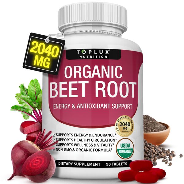 Organic Beet Root Powder Tablets - 2040mg Natural Nitric Oxide Beets to Support, Energy, Black Pepper Better Absorption, Non-GMO, for Men Women, 90 Tablets